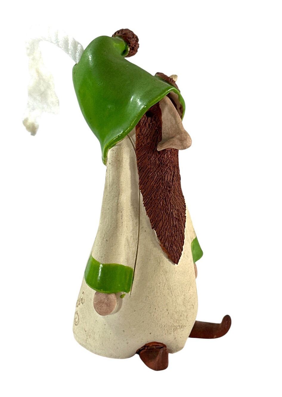 Handmade Pottery Wizard Gnome Figurine 7” Signed Folk Art Green Hat Beard